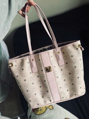 MCM Cream and Light Pink Logo Tote Bag